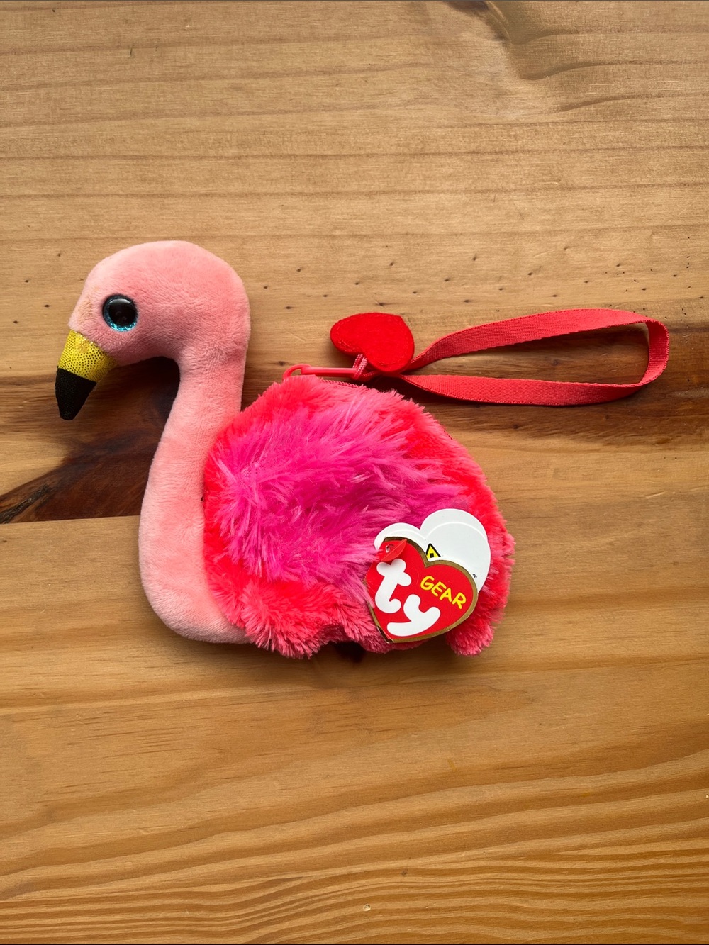 Ty Pink Flamingo Plush Wristlet with Red Strap